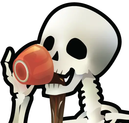 Skeleton drinking coffee, but the liquid falls through its chin