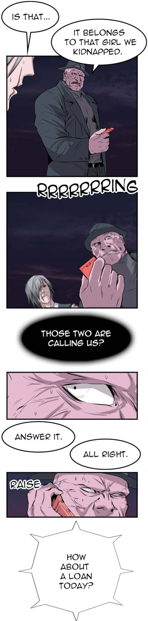 A snippet from the Noblesse webtoon, where a villain picks up a cellphone and gets a call from a loan spammer