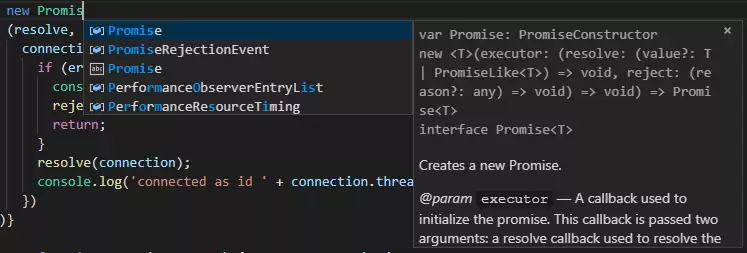 Visual Studio code IDE shows a tooltip that completes the word "Promise" in TypeScript and includes function details.