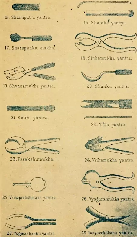 Illustrations of ancient Indian surgical tools. Some of the designs are inspired by animals.