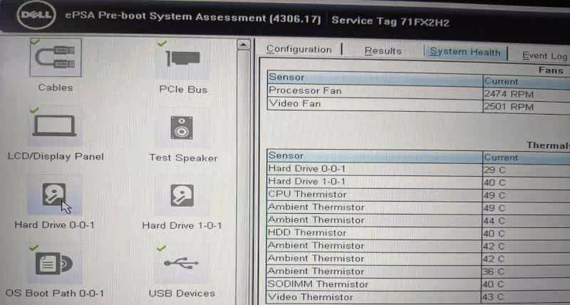 Individual component testing screen