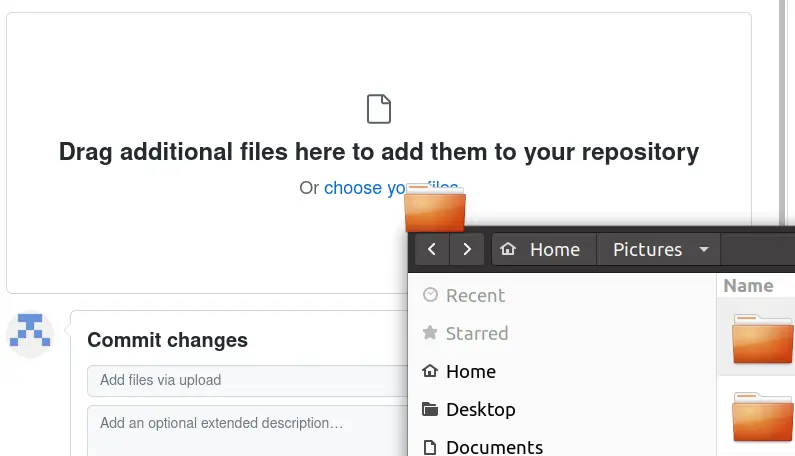 I am dragging a folder into the GitHub upload region.