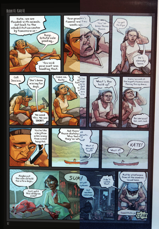 A comic page is split in the middle, where the right half shows the actual colors on an RGB screen, and the left half shows the E701 screen display