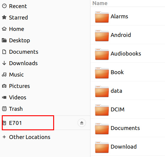 The E701 internal storage and folders