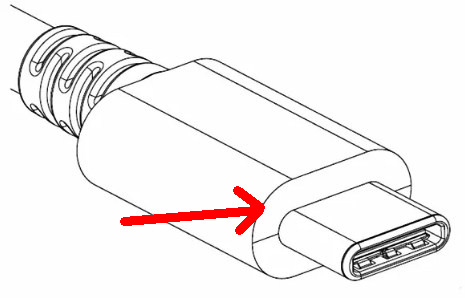 Line drawing of a USB-C that indicates the plug plastic, the junction between sheath and connector