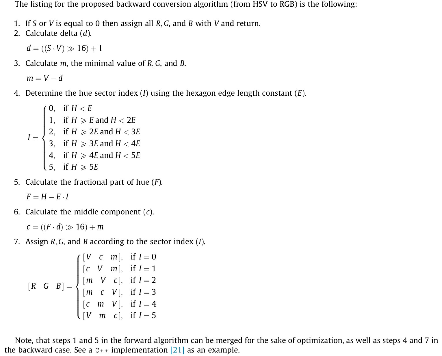 Snippet from the paper, showing the 7 steps of the HSV to RGB formula